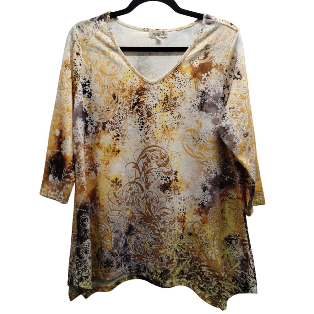 One World Women's Size Large Abstract Gold Yellow V-Neck Asymmetric Hem Top